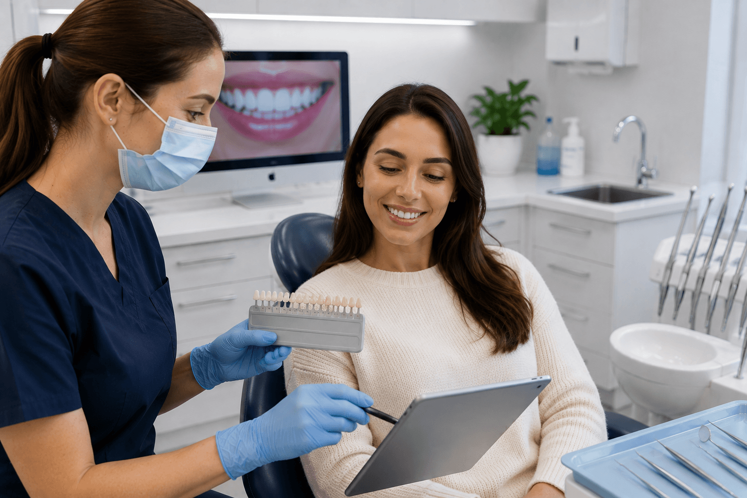 Dental professional conducting pre-treatment consultation and shade assessment with patient
